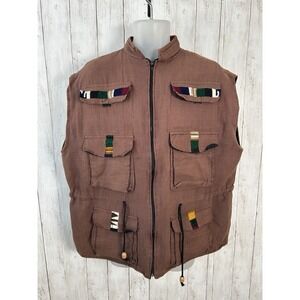 Men's Tassle Guatemalan Embroidered Vest Aztec Multicolored Zip Up Size XL